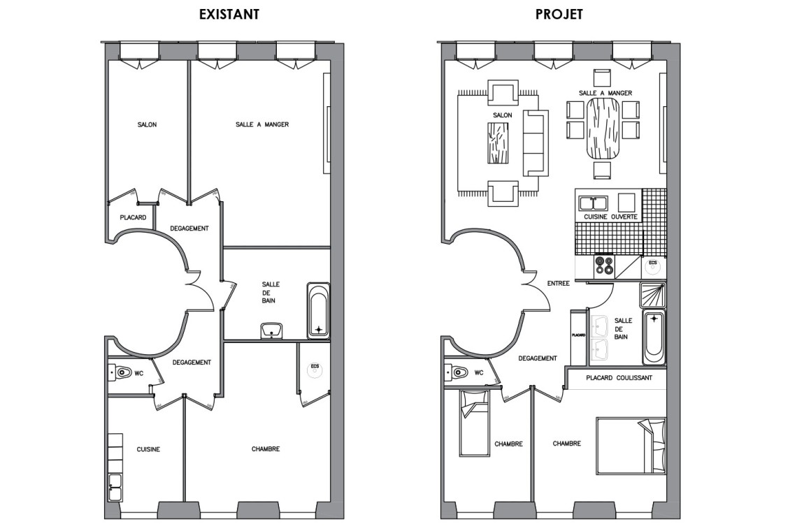 Plan de rénovation avant après d'un appartement haussmannien