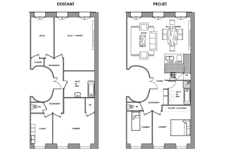 Plan de rénovation avant après d'un appartement haussmannien
